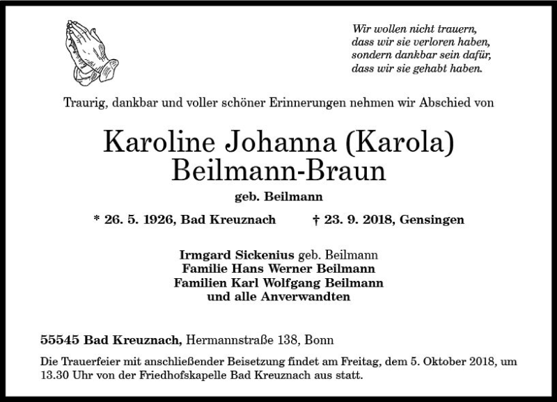  Traueranzeige für Karoline Johanna Beilmann-Braun vom 29.09.2018 aus vrm-trauer