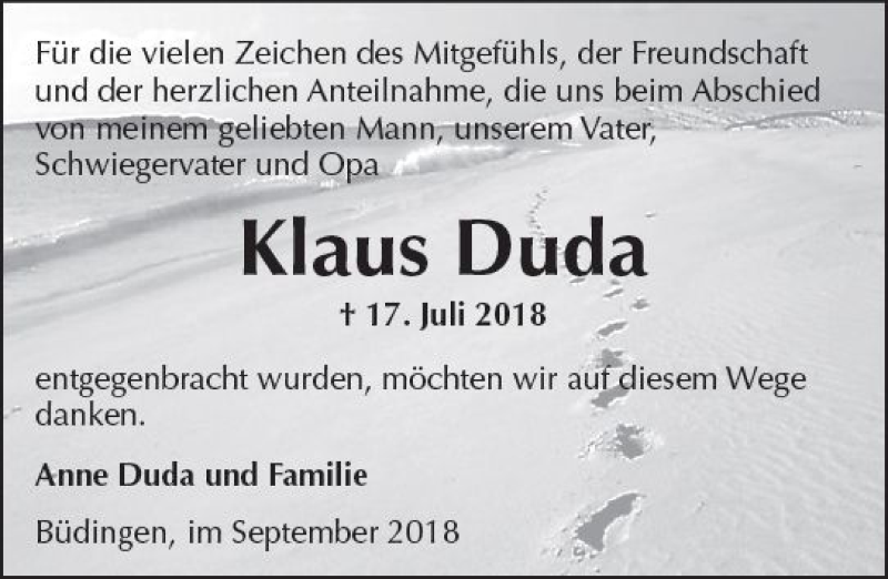  Traueranzeige für Klaus Duda vom 08.09.2018 aus  Kreisanzeiger