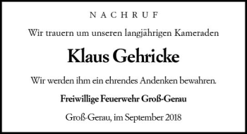 Traueranzeige von Klaus Gehricke von vrm-trauer