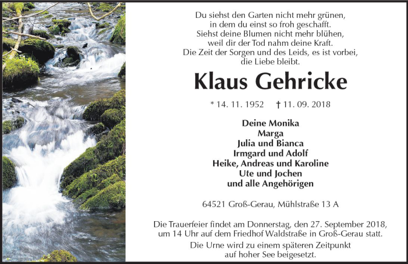  Traueranzeige für Klaus Gehricke vom 22.09.2018 aus vrm-trauer