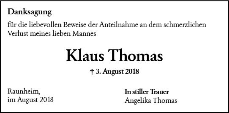  Traueranzeige für Klaus Thomas vom 15.09.2018 aus vrm-trauer
