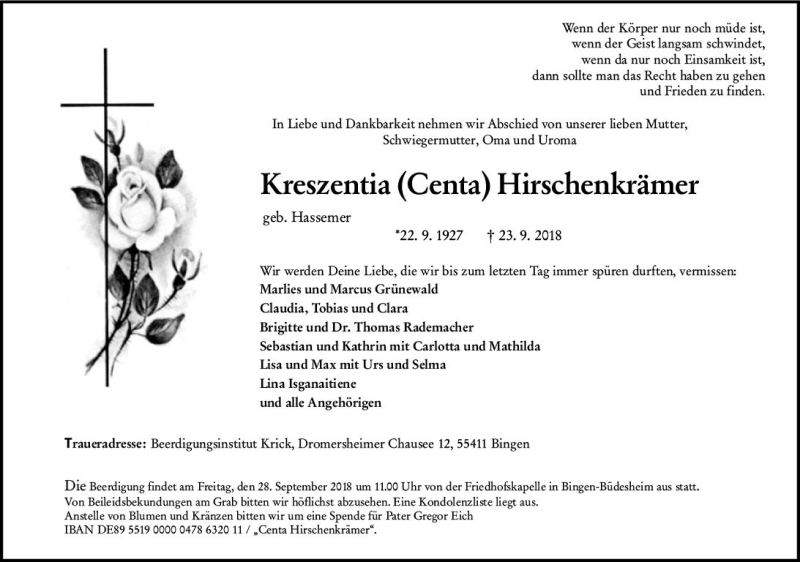  Traueranzeige für Kreszentia Hirschenkrämer vom 26.09.2018 aus vrm-trauer
