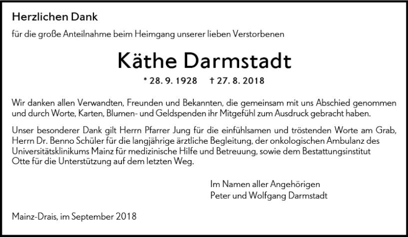  Traueranzeige für Käthe Darmstadt vom 22.09.2018 aus vrm-trauer