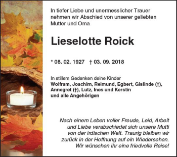 Traueranzeige von Lieselotte Roick von  Usinger Anzeiger
