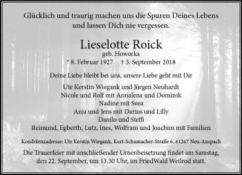 Traueranzeige von Lieselotte Roick von  Usinger Anzeiger
