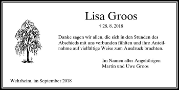 Traueranzeige von Lisa Groos von  Usinger Anzeiger