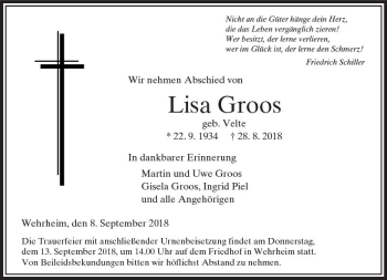 Traueranzeige von Lisa Groos von  Usinger Anzeiger