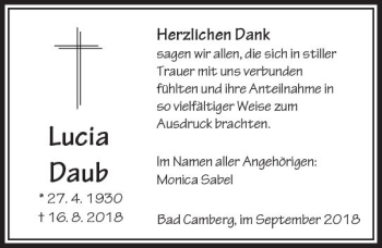 Traueranzeige von Lucia Daub von  Camberger Anzeiger