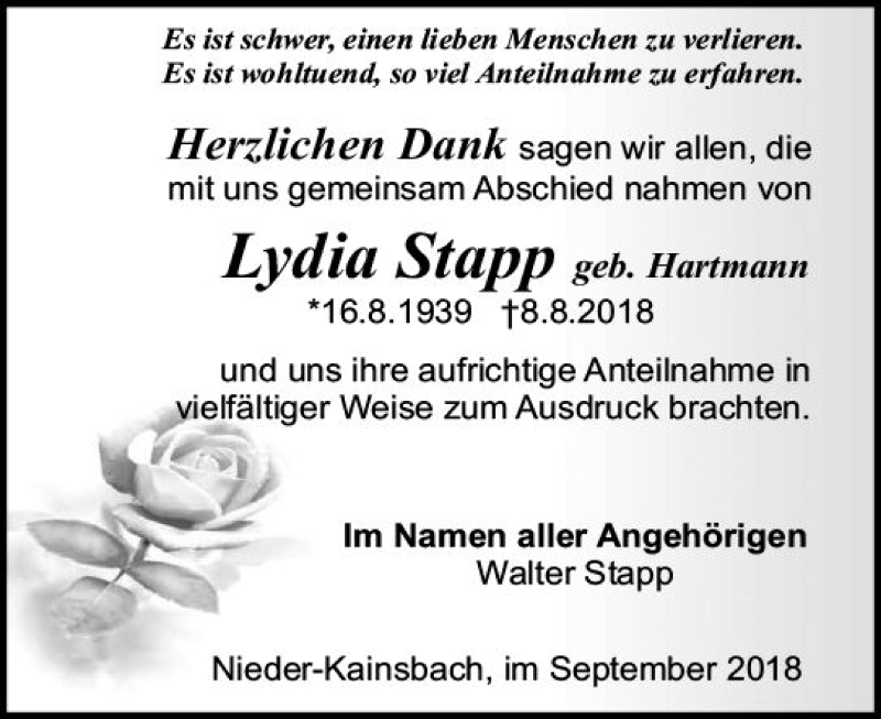  Traueranzeige für Lydia Stapp vom 22.09.2018 aus vrm-trauer