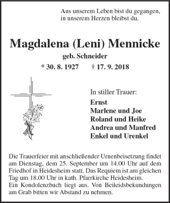 Traueranzeige von Magdalena Mennicke von vrm-trauer