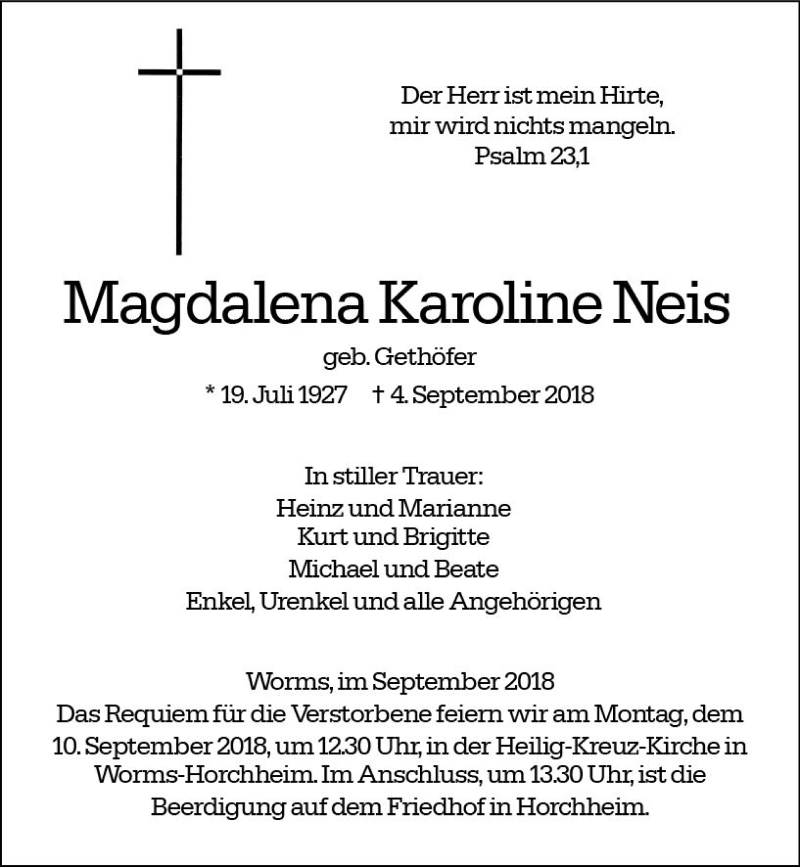  Traueranzeige für Magdalena Karoline Neis vom 08.09.2018 aus vrm-trauer