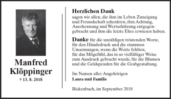 Traueranzeige von Manfred Klöppinger von vrm-trauer