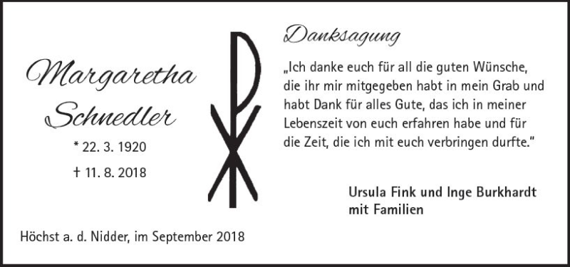  Traueranzeige für Margaretha Schnedler vom 08.09.2018 aus  Kreisanzeiger