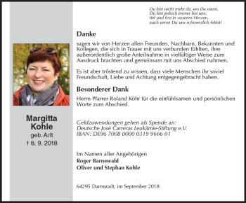Traueranzeige von Margitta Kohle von vrm-trauer