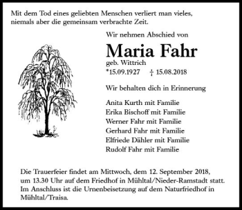 Traueranzeige von Maria Fahr von vrm-trauer