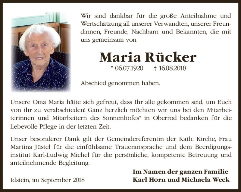  Traueranzeige für Maria Rücker vom 08.09.2018 aus vrm-trauer