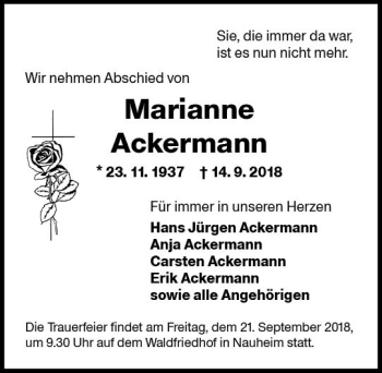 Traueranzeige von Marianne Ackermann von vrm-trauer