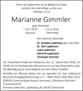 Traueranzeige von Marianne Gimmler von vrm-trauer
