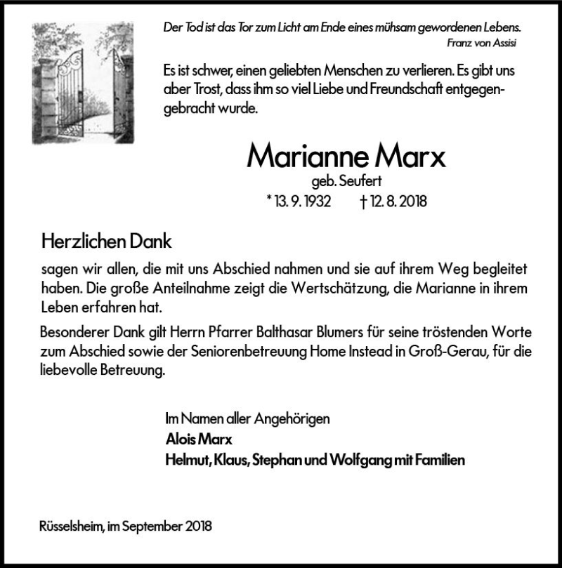  Traueranzeige für Marianne Marx vom 08.09.2018 aus vrm-trauer