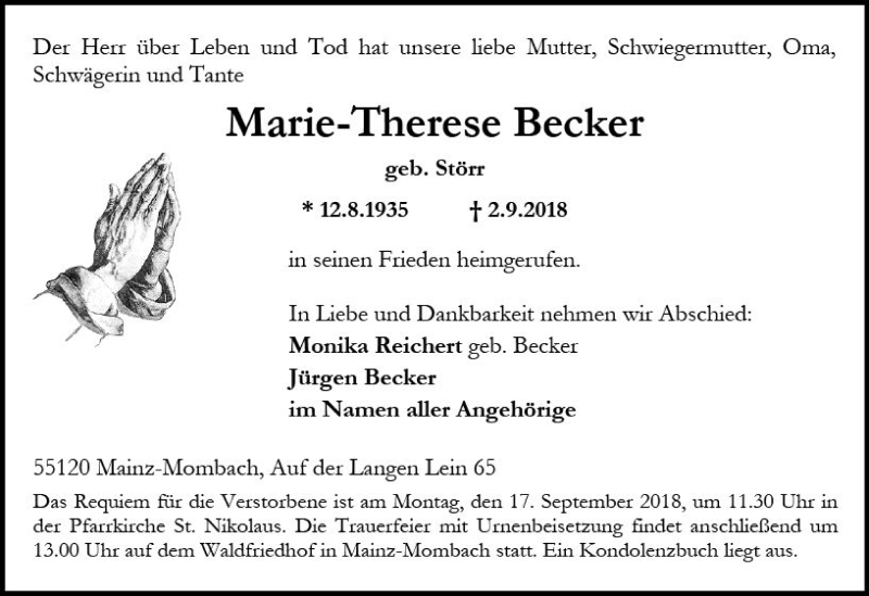  Traueranzeige für Marie-Therese Becker vom 08.09.2018 aus vrm-trauer