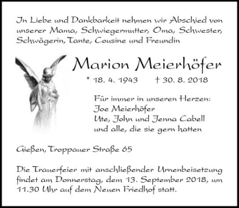 Traueranzeige von Marion Meierhöfer von  Gießener Anzeiger