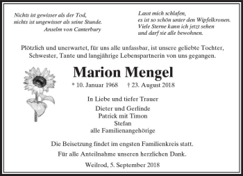 Traueranzeige von Marion Mengel von  Usinger Anzeiger
