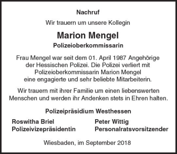 Traueranzeige von Marion Mengel von  Usinger Anzeiger