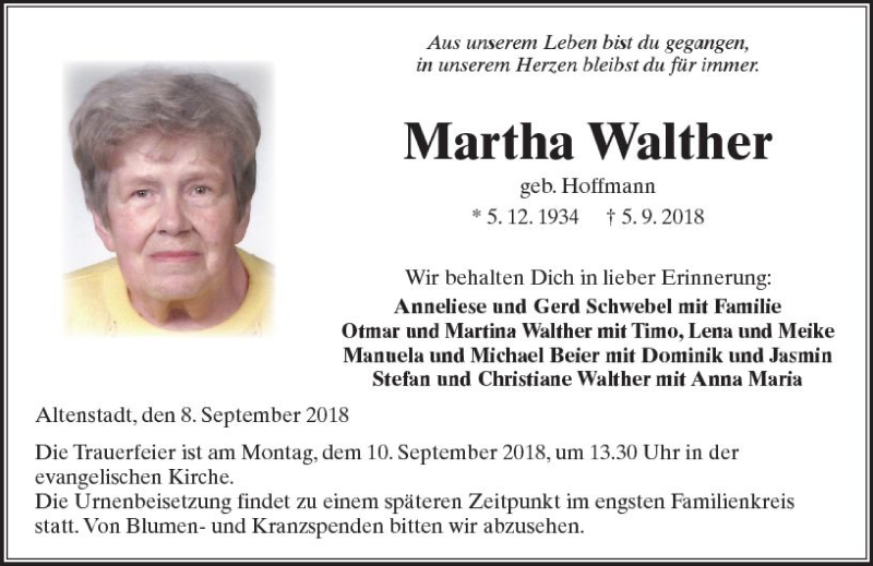  Traueranzeige für Martha Walther vom 08.09.2018 aus  Kreisanzeiger