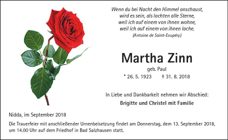  Traueranzeige für Martha Zinn vom 08.09.2018 aus  Kreisanzeiger