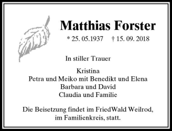 Traueranzeige von Matthias Forster von  Camberger Anzeiger