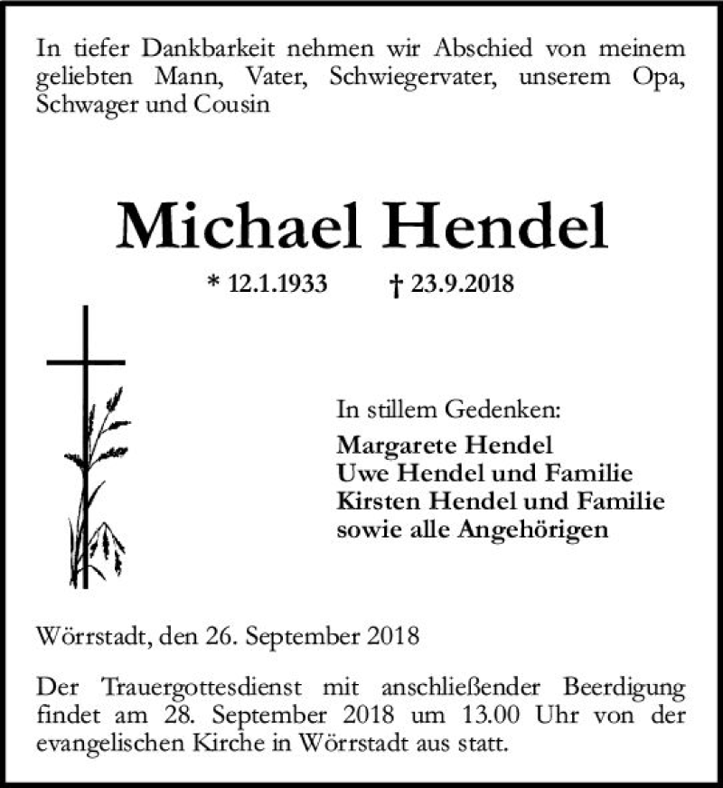  Traueranzeige für Michael Hendel vom 26.09.2018 aus vrm-trauer