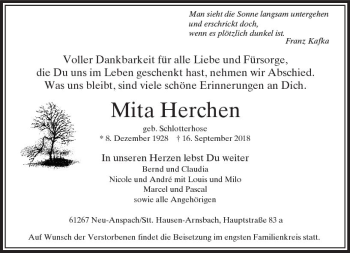Traueranzeige von Mita Herchen von  Usinger Anzeiger