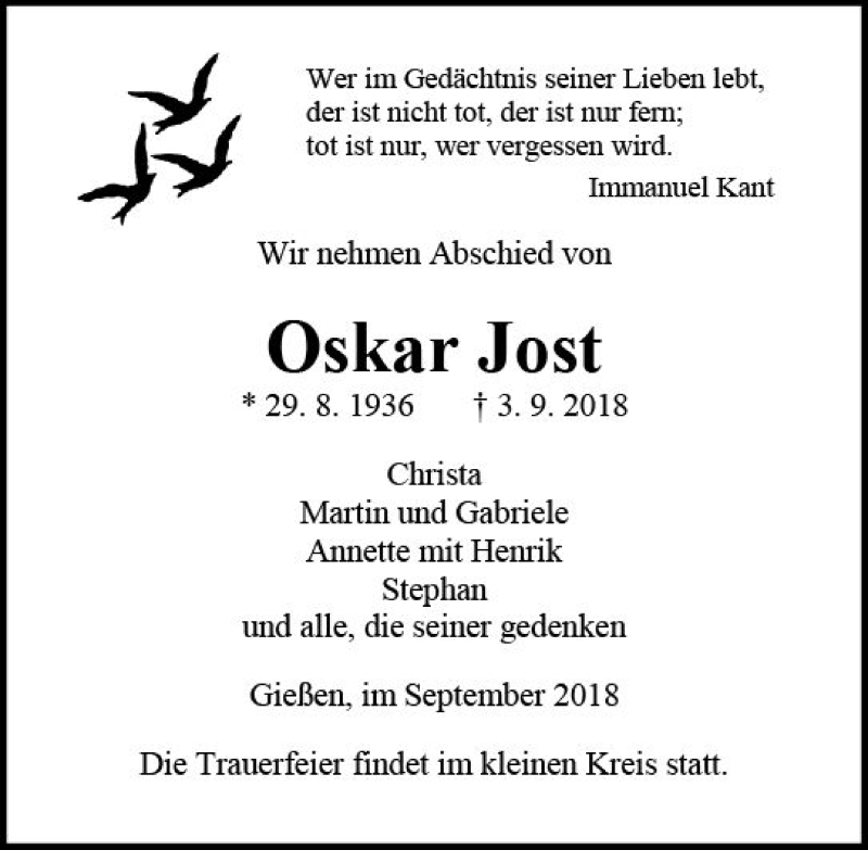  Traueranzeige für Oskar Jost vom 06.09.2018 aus  Gießener Anzeiger