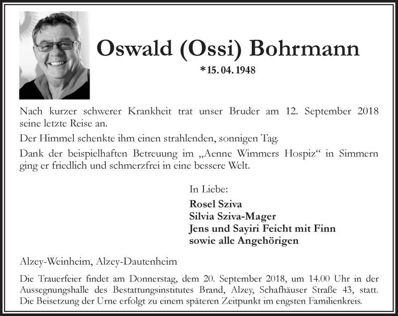  Traueranzeige für Oswald Bohrmann vom 19.09.2018 aus vrm-trauer