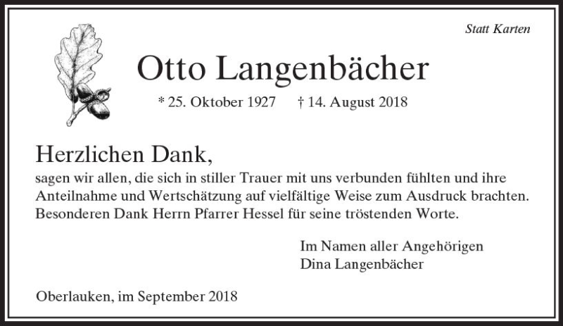  Traueranzeige für Otto Langenbächer vom 15.09.2018 aus  Usinger Anzeiger