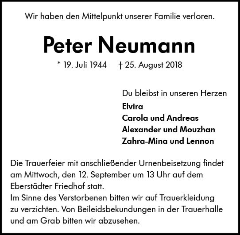  Traueranzeige für Peter Neumann vom 08.09.2018 aus vrm-trauer