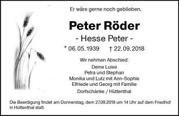 Traueranzeige von Peter Röder von vrm-trauer