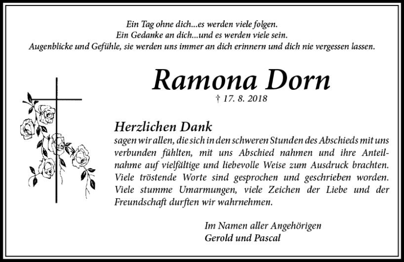  Traueranzeige für Ramona Dorn vom 06.09.2018 aus  Camberger Anzeiger