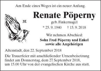 Traueranzeige von Renate Pöperny von  Kreisanzeiger