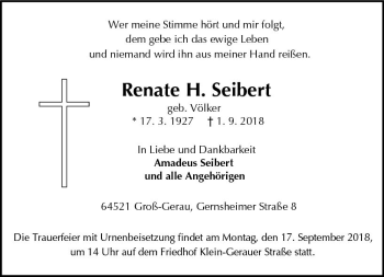 Traueranzeige von Renate H. Seibert von vrm-trauer