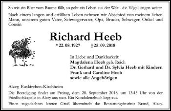 Traueranzeige von Richard Heeb von vrm-trauer