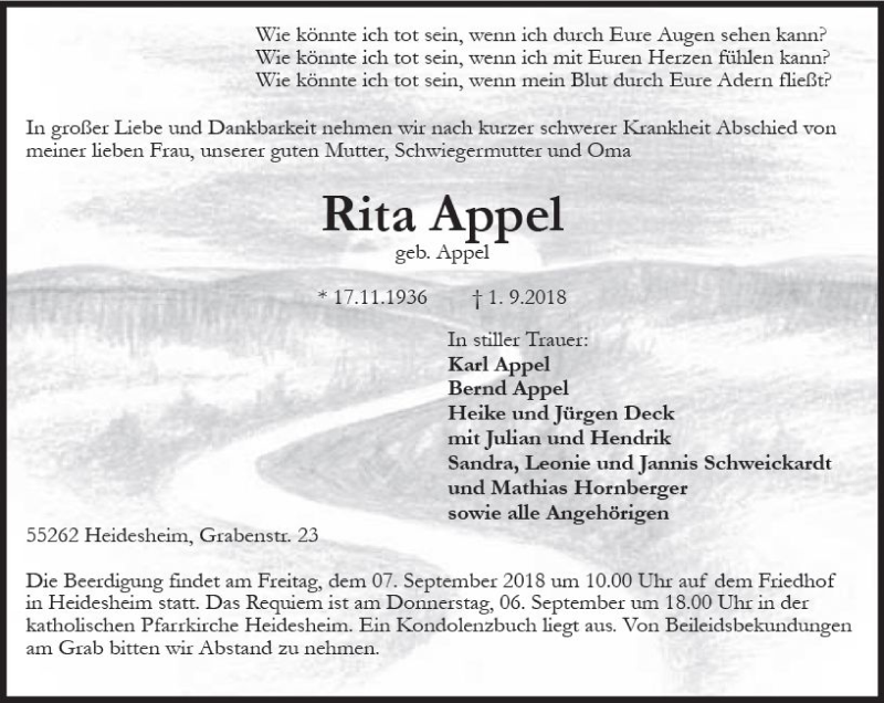  Traueranzeige für Rita Appel vom 04.09.2018 aus vrm-trauer