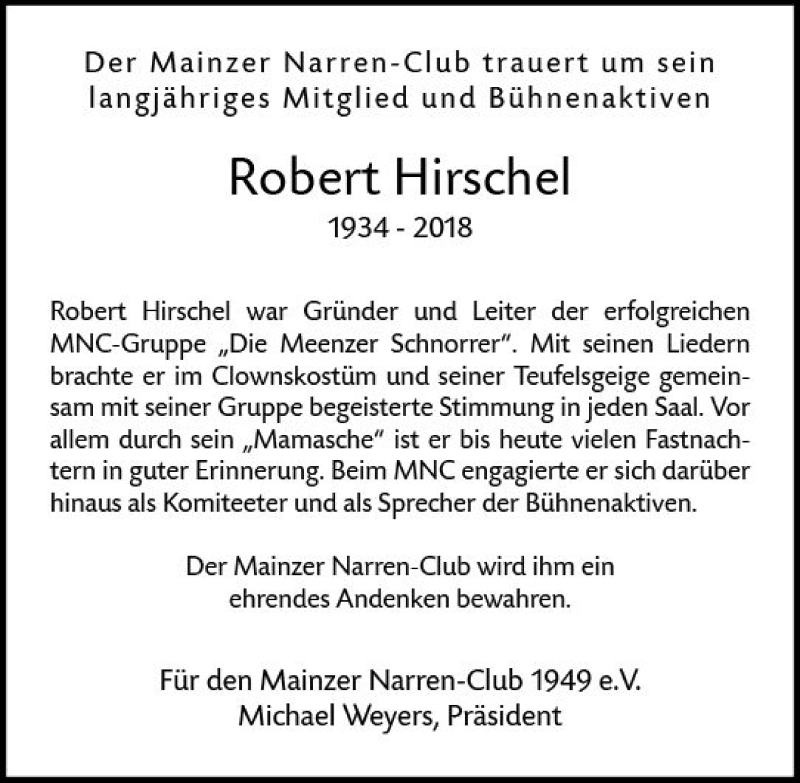  Traueranzeige für Robert Hirschel vom 05.09.2018 aus vrm-trauer