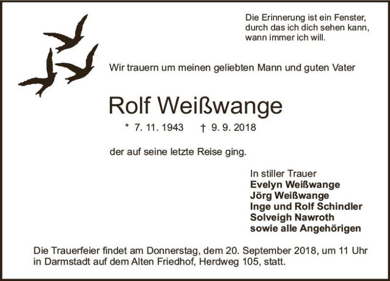  Traueranzeige für Rolf Weißwange vom 15.09.2018 aus vrm-trauer