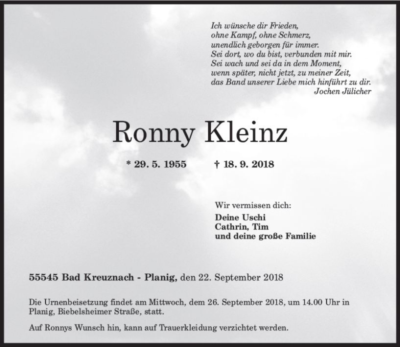 Traueranzeige für Ronny Kleinz vom 22.09.2018 aus vrm-trauer