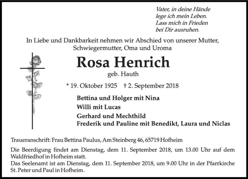  Traueranzeige für Rosa Henrich vom 07.09.2018 aus vrm-trauer