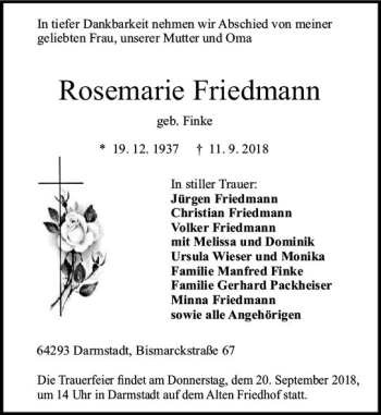 Traueranzeige von Rosemarie Friedmann von vrm-trauer