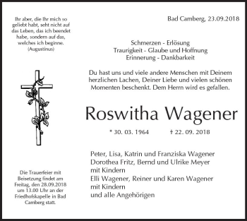 Traueranzeige von Roswitha Wagener von  Camberger Anzeiger