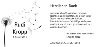 Traueranzeige von Rudi Kropp von  Kreisanzeiger