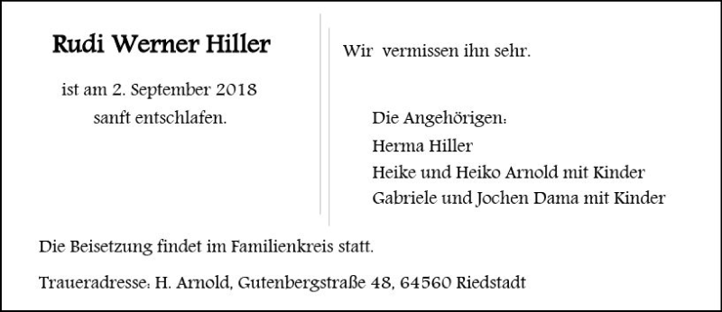  Traueranzeige für Rudi Werner Hiller vom 08.09.2018 aus vrm-trauer